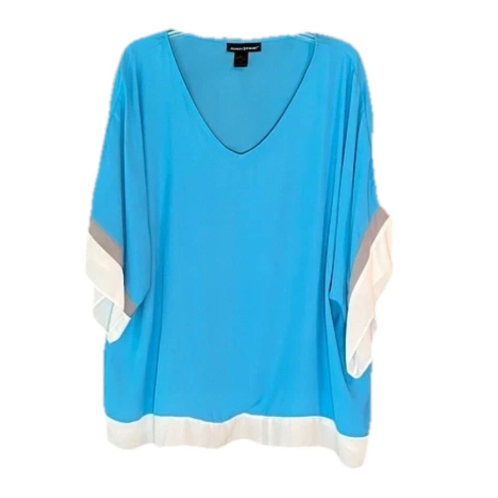 Ashley Stewart Size 18/20 V Neck 3/4 Sleeve Blue White Kimono Type Women Blouse